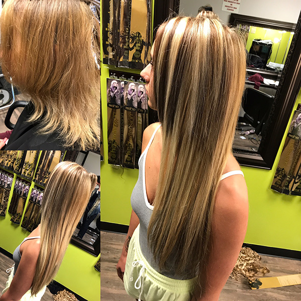 Before/after hair extensions done by Salon K